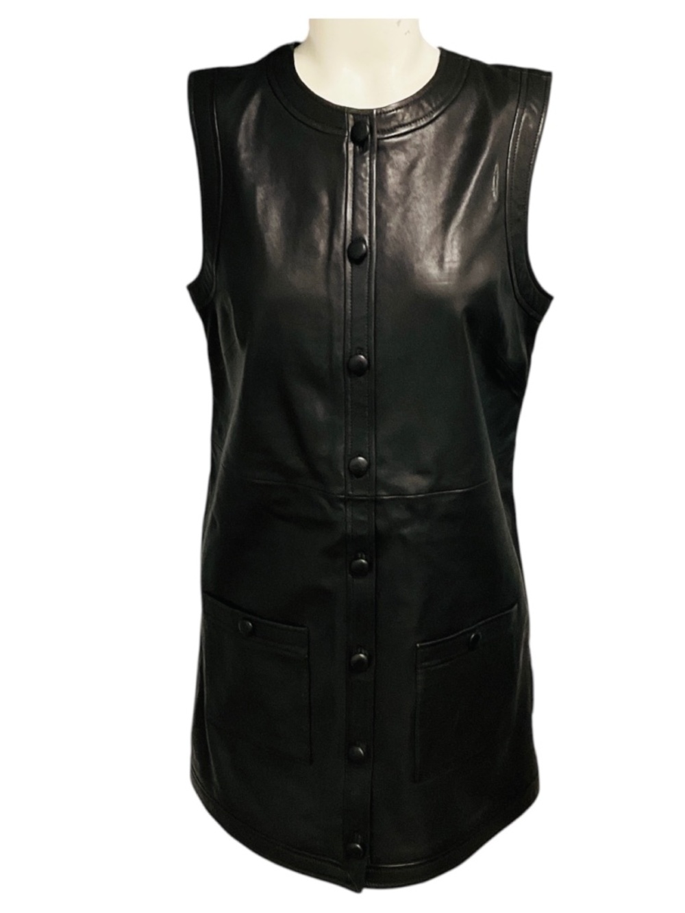 FRAME BLACK SLEEVELESS BUTTON FRONT LAMB LEATHER DRESS